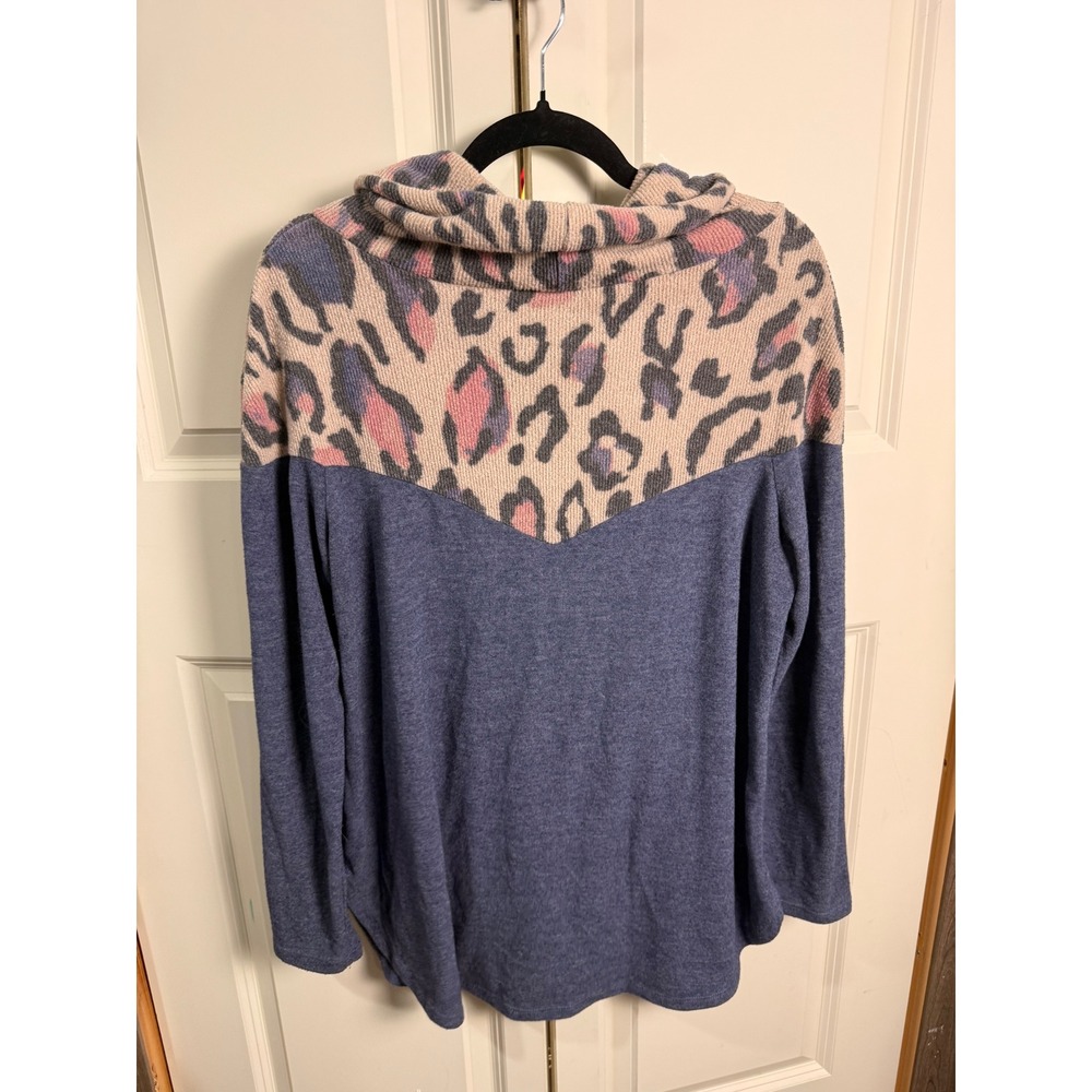 Emerald Women Blue Leopard Colorblock Cowl Neck Waffle Knit Pullover Top Large - Picture 4 of 4